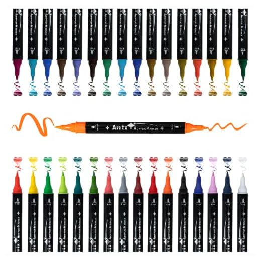 Arrtx rotuladores de pintura acrílica, 32 colores Rotuladores Acrilicos doble punta pincel y fina (1.9-3.2 MM) Para Lettering, Piedra, Madera, DIY Álbum, Vidrio, cerámica, Lienzo,Taza, Metal