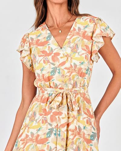 Image of BTFBM Women Summer Bohemian Floral Casual Wrap V Neck Ruffle Cap Sleeveless Belt A-Line Pleated Hem Midi Sun Dress White