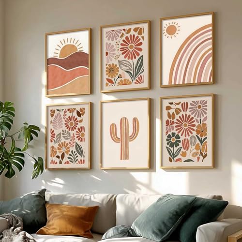 Image of kotart Boho Painting Wall Art Home Decoration Paintings With Frame For Living Room Bed Room Hotel Wall Decor Digital Reprint Set Of 6 (13X17 inch)