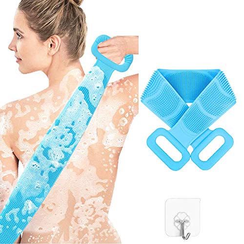 Silicone Back Scrubber for Shower, Lengthen Exfoliating Double Sided Bath Body Brush Towel for Taking a Shower Deep Clean and Relax Your Body-Blue