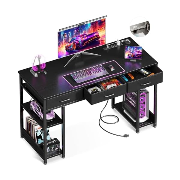 AODK 48 Inch Gaming Desk with Fabric Drawers & Power Outlets, Computer Desk with Storage Shelves & CPU Stand, Gamer Table, Writing Study Desk with Type-C & USB, Small Desk for Bedroom, Black