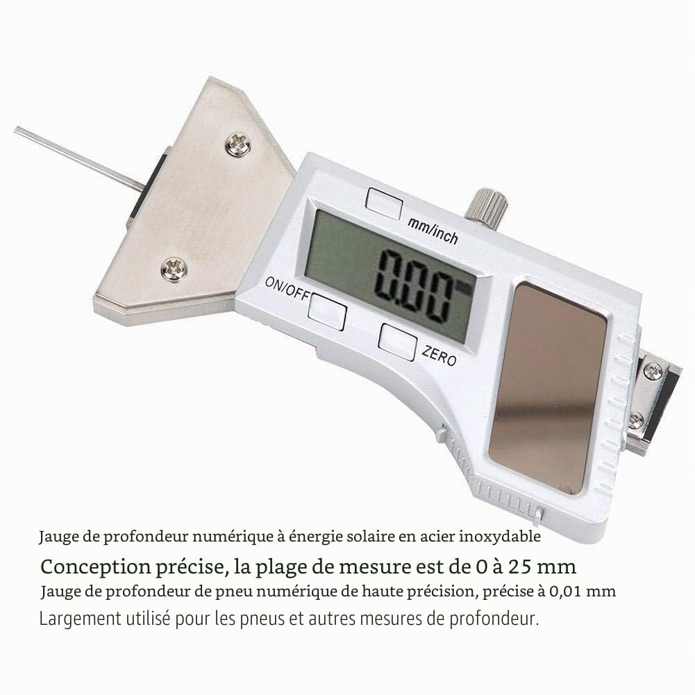 Jauge de profondeur de profil de pneu numérique 0-25 mm Énergie solaire précision 0,01 mm Règle de mesure en acier inoxydable (0-25 mm)