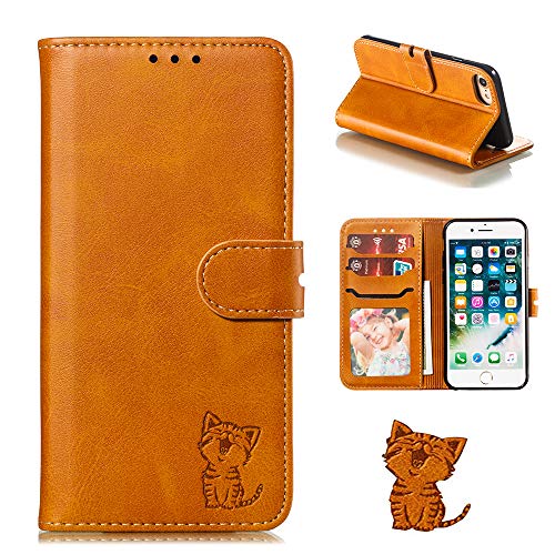 Phone SE 第2世代 第3世代 (SE2 SE3) iPhone 8/7/6/6s 通用ケース手帳型 スマイル 笑顔猫ちゃん スマホケース 携帯カバー ケータイ カード収納 財布付き カードホルダー ベルトマグネット スタンド機能 ネコ 薄型 防水 ノート型 (iPhone8/iPhone7/iPhone6/iPhone6S/se 2020 2022 4.7inch対応) ライトブラウンのサムネイル