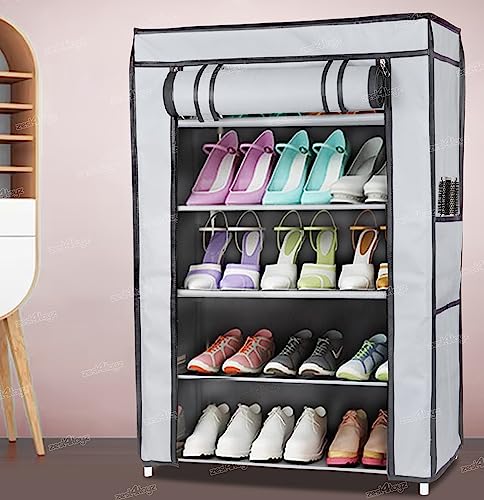 Image of Zest 4 Toyz Multipurpose 5 Shelves Shoe Rack Cabinet with Zip Door Cover Side Pockets Collapsible Shoes Shelf /Shoerack Multiuse Storage Organizer for Footwear Toys Clothes(Non Woven Fabric) Grey