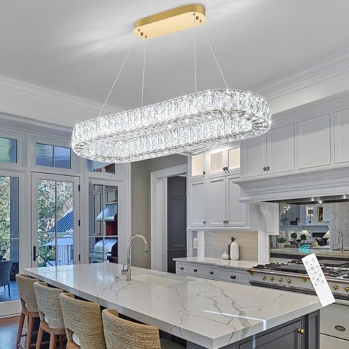 YLKP Modern Crystal LED Chandelier Dimmable Oval Chandeliers Rectangular Dining Room Light Fixture with Remote for Living Room Kitchen Island Gold by YLKP - Image 8