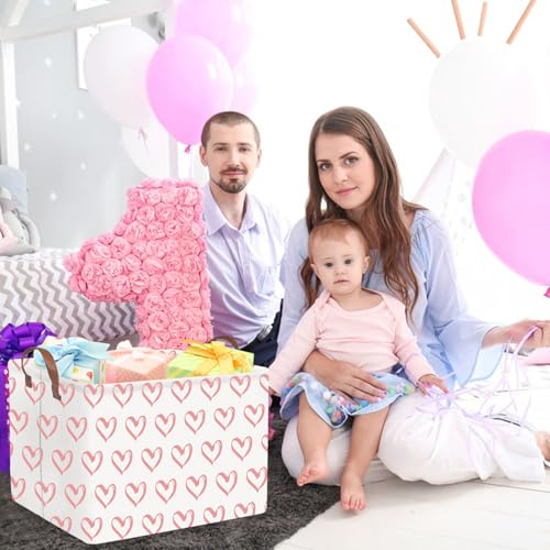 Image of FXOLCSHE Rectangular Valentines Basket,baby Gift Baskets Empty,Pink Gift basket with Handle Organizer,Heart Print easter Baskets,Girl Room Decor(Pink hearts)