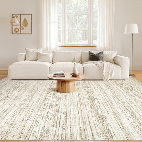 Nakagishi 7X9 Area Rug Living Room: Washable Boho Large Neutral Modern Soft Farmhouse Beige Rugs Stain Resistant Indoor Floor Non-Slip Carpet for Women Home Enthusiasts Aged 25-45 - Bedroom Room Decor