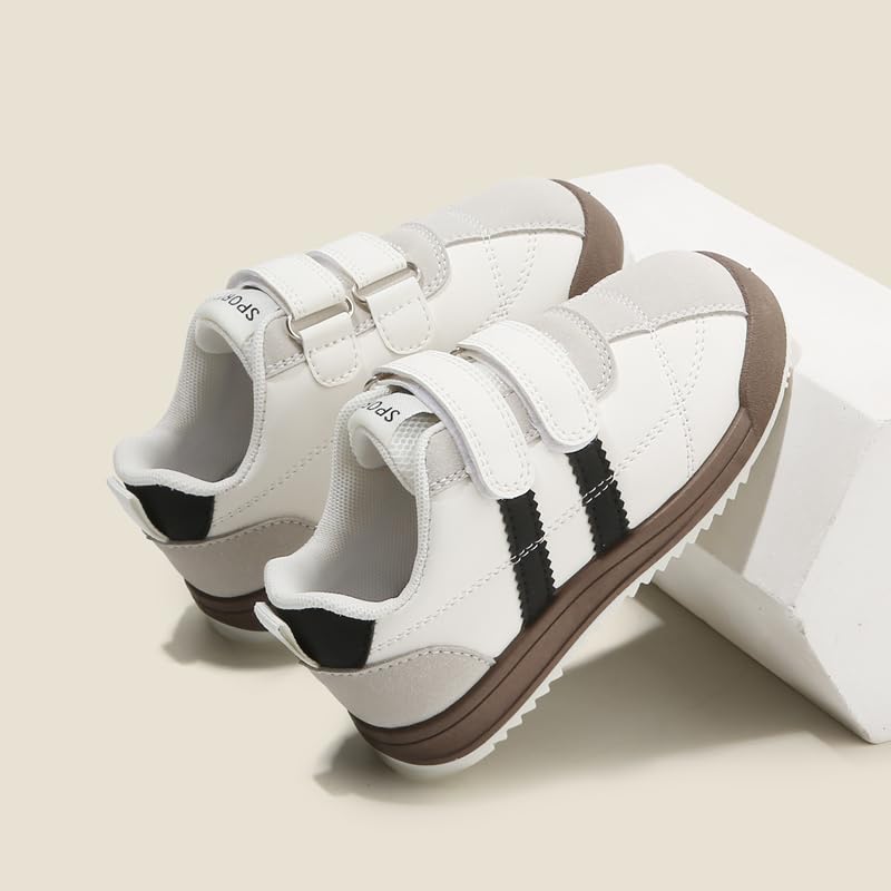 Kids Sport Sneakers with Hook and Loop Straps, White and Black, Brown Sole4