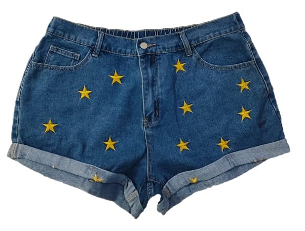 Plus Size Women Embroidered Denim Hot Pants(Short Shorts) - Length 14 inch - High Rise - Faded Mid Blue Color - Non Stretch - Back Elastic Waist Size (3XL) 38 to (4XL) 40 inch-image-28