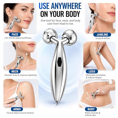 Image of 3D Face Massager Roller for Women & Men, Manual Facial Massager with Dual 360 Rolling Balls, V Shape Stainless Steel Face and Body Massage Tool for Jawline, Neck, Arms and Skin Care
