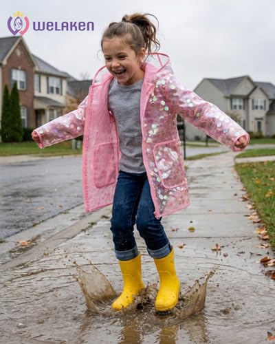 Image of WELAKEN Girls Sequin Raincoat Waterproof Reusable Hooded Outwear Rain Jacket with Lining