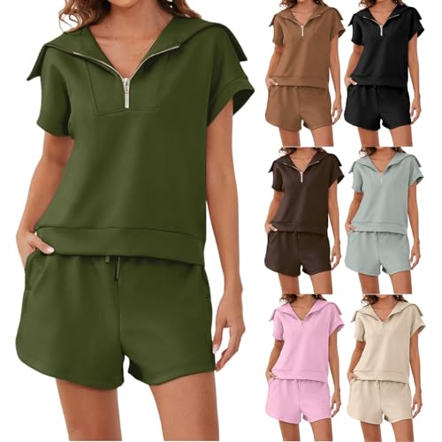 Women 2 Piece Outfits Sweatsuit Set Zip Lapel Collar Short Sleeve Sweatshirt Wide Leg Shorts Tracksuit Sets4