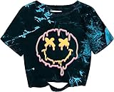 Remidoo Women's Tie Dye Short Sleeve Graphic Print Distressed Ripped Crop Top T Shirt Black Small