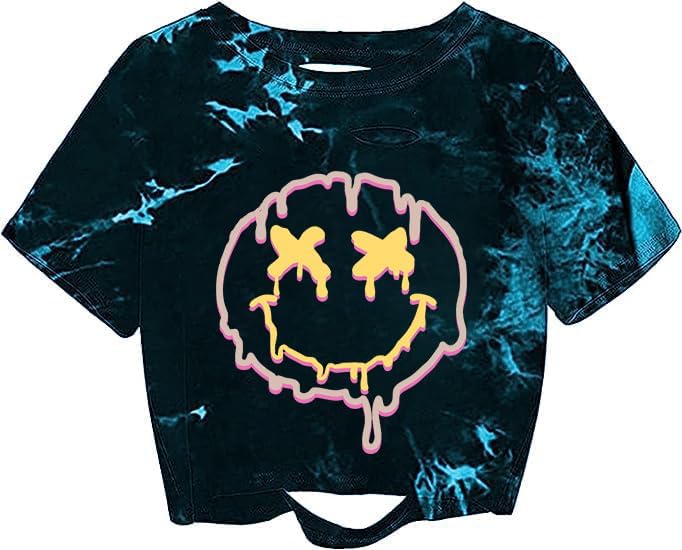 Women's Casual Short Sleeve Graphic Print Tie Dye Crop Top T Shirt