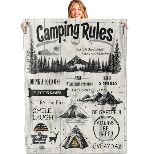 MIEPOS Camping Rules Throw Blanket, 50x60in, Soft, Lightweight Flannel,Rustic Campfire Decor with Tent, Forest and Fun Quotes Blankets, Gifts for Campers, for Rv Cabin Home Living Room Decor