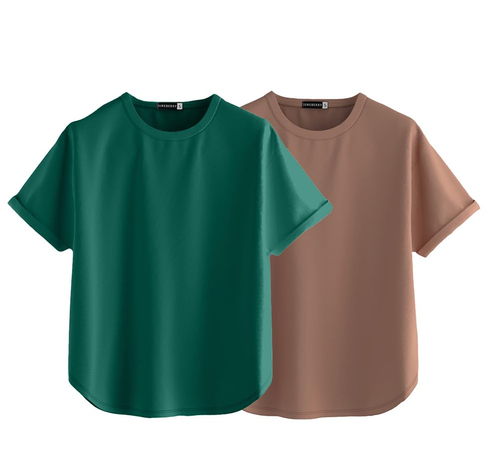 Image of JUNEBERRY Pure 100% Cotton Oversized Loose Baggy Fit Round Neck with Drop Shoulder Half Sleeves Boyfriend T-Shirt Combo for Women & Girls (Pack of 2)