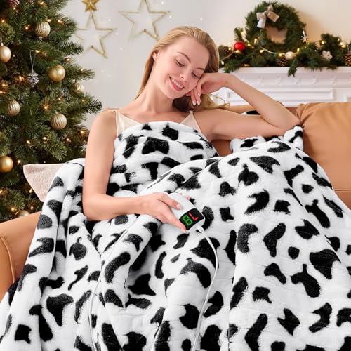 Cow Print Heated Electric Blanket Throw,50X60 Black Heating Blanket with