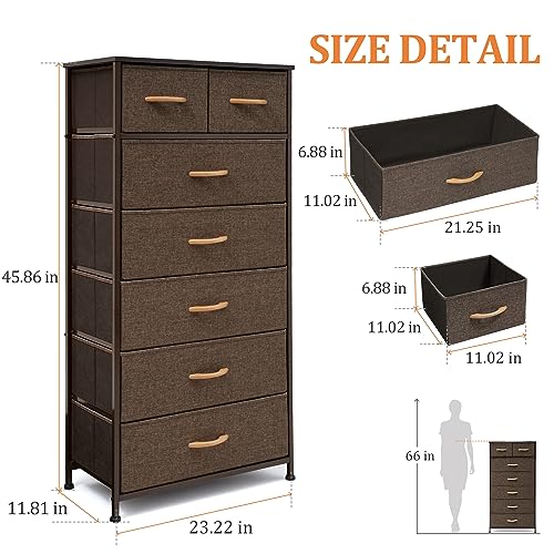 Image of Tall Dressers for Bedroom, 7 Drawers Dresser Fabric Storage Closets Storage Units Organizer Tower Steel Frame Wooden Top for Bedroom, Hallway,Nursery, Entryway(Dark Brown)