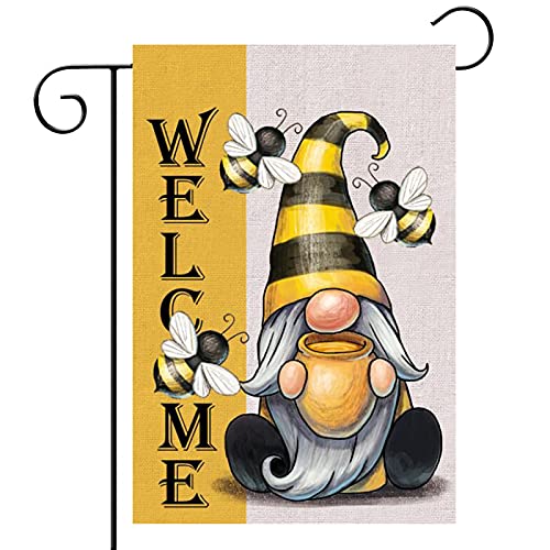 Gnome Spring Summer Decor Garden Flag for Outside 12x18 Double Sided Welcome Mini Hello Bee Gnomes Burlap Yard Garden Decorative Flags for outside 12x18 Gnomes Garden Decorations Autumn Garden Flag