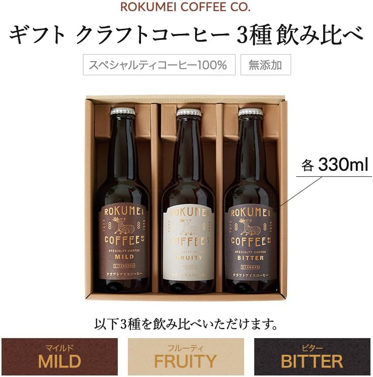ロクメイコーヒー コーヒーギフト クラフトコーヒー 3種 飲み比べセット [ 330ml × 各1本] アイスコーヒー プレゼント (専用BOX ＆ ポストカード付)
