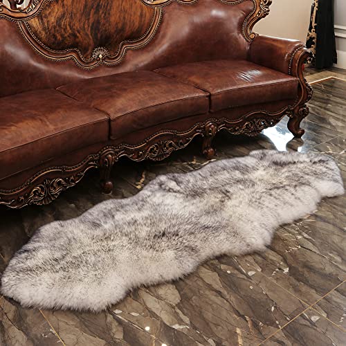 Premium Genuine Fur Sheepskin Rug Real Australia Sheepskin Natural Luxury Fluffy Lambskin Fur Area Rug Seat Covers for Kids Bedroom Sofa Chair Cover (Gray Tip, Double Pelt/2ft x 6ft)