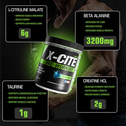 Image of X-CITE Pre-Workout by ATHLEAN-X - Enhanced Formula with Beta-Alanine, Creatine & Caffeine for Ultimate Energy, Endurance, Focus & Muscle Pump, NSF Certified for Sports (Sour Blue Raspberry)