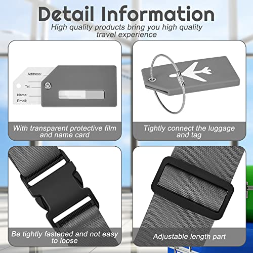 Image of Weewooday 8 Pcs Luggage Straps Suitcase Tags Set for TSA Approved, 4 Travel Adjustable Suitcase Belt, 4 Silicone Luggage Tags with Name ID Card Travel Accessories(Dark Gray,Airplane)