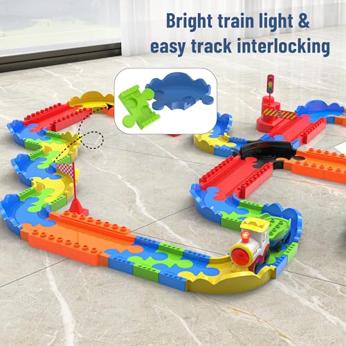 Image of Mirana Block Rider Toy Train Set with Colorful & Multiple Track Layout, USB Rechargeable Type-C Engine, Various Sound Modes - Vande Bharat, Rajdhani, Delhi Metro, Kids 2-8 Years (Medium - 82 Pcs)