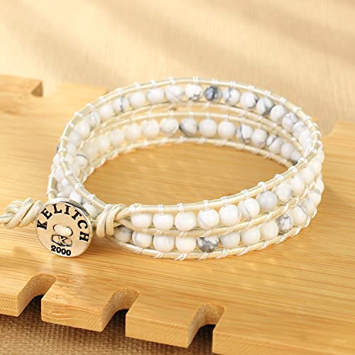 Image of KELITCH Double Wrap Bracelet Women Hand-Braided Turquoise Beads Bracelets Boho Leather Bracelets Bangle
