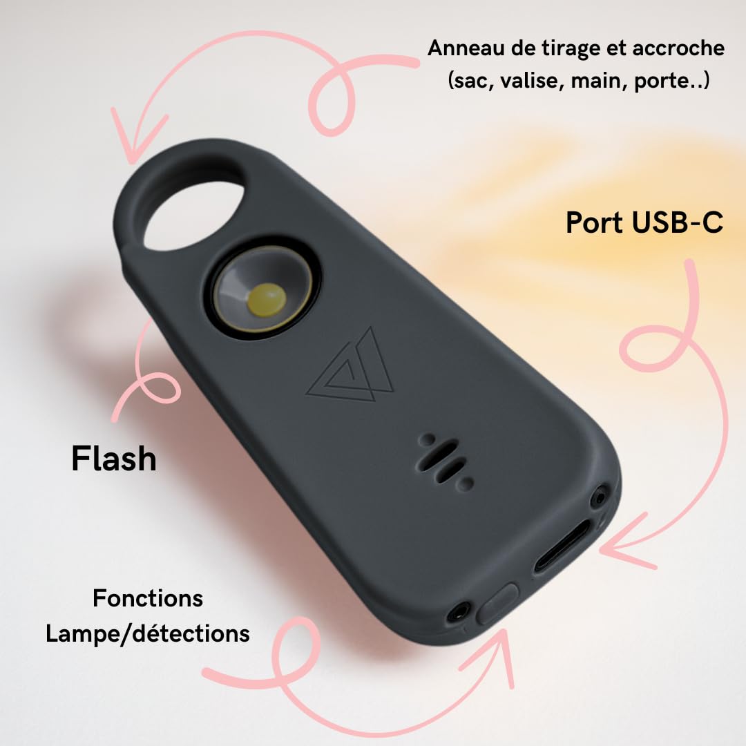 Alarme Personnelle Femme 135 DB Ultra Puissante, Kit Sécurité Auto Défense, Sifflet Urgence + Détecteur Porte/Fenêtre, Rechargeable USB-C avec Lampe LED, Noir