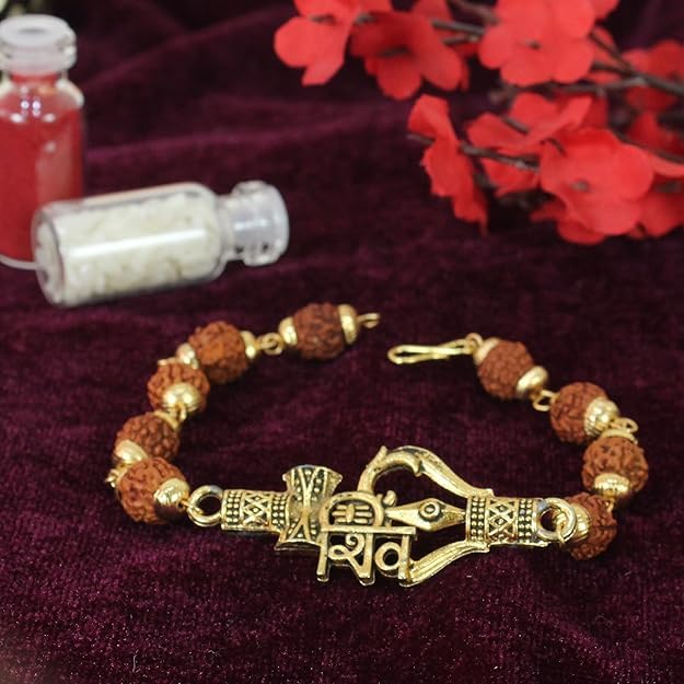 Image of TIED RIBBONS Rakhi for Brother - Set of 2 Premium Rudraksha Trishul Bracelet Rakhi for Brother Bhaiya Kids Boys Men with Greeting Card and Roil Chawal Tika
