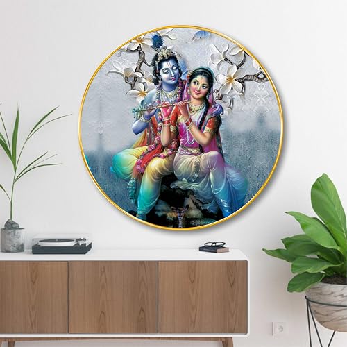 Image of Livin'luxe Radha Krishna Round Art Print with Golden Frame | Divine Hindu Religious Art for Home Temple Pooja Room Living Room Bedroom | Spiritual Wall Decor Gift (16 x 16 Inch) Art-GRM-249