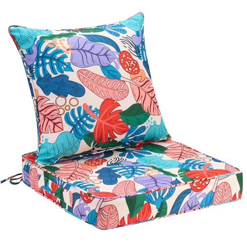 Image of UNIKOME 22 inchx22 inchx3 inch Outdoor Chair Cushions Set - Waterproof Patio Cushions for Outdoor Furniture with Removable Cover, Ties & Handle, Deep Seat Patio Cushions for Sofa Couch - Colorful Leaves