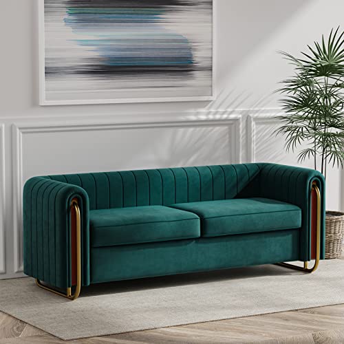 Image of Dolonm Modern Velvet Sofa for Living Room, 84 Inches Long Upholstered Sofa Couch with High Armrest and Metal Legs Decor Furniture for Bedroom, Office (Green)