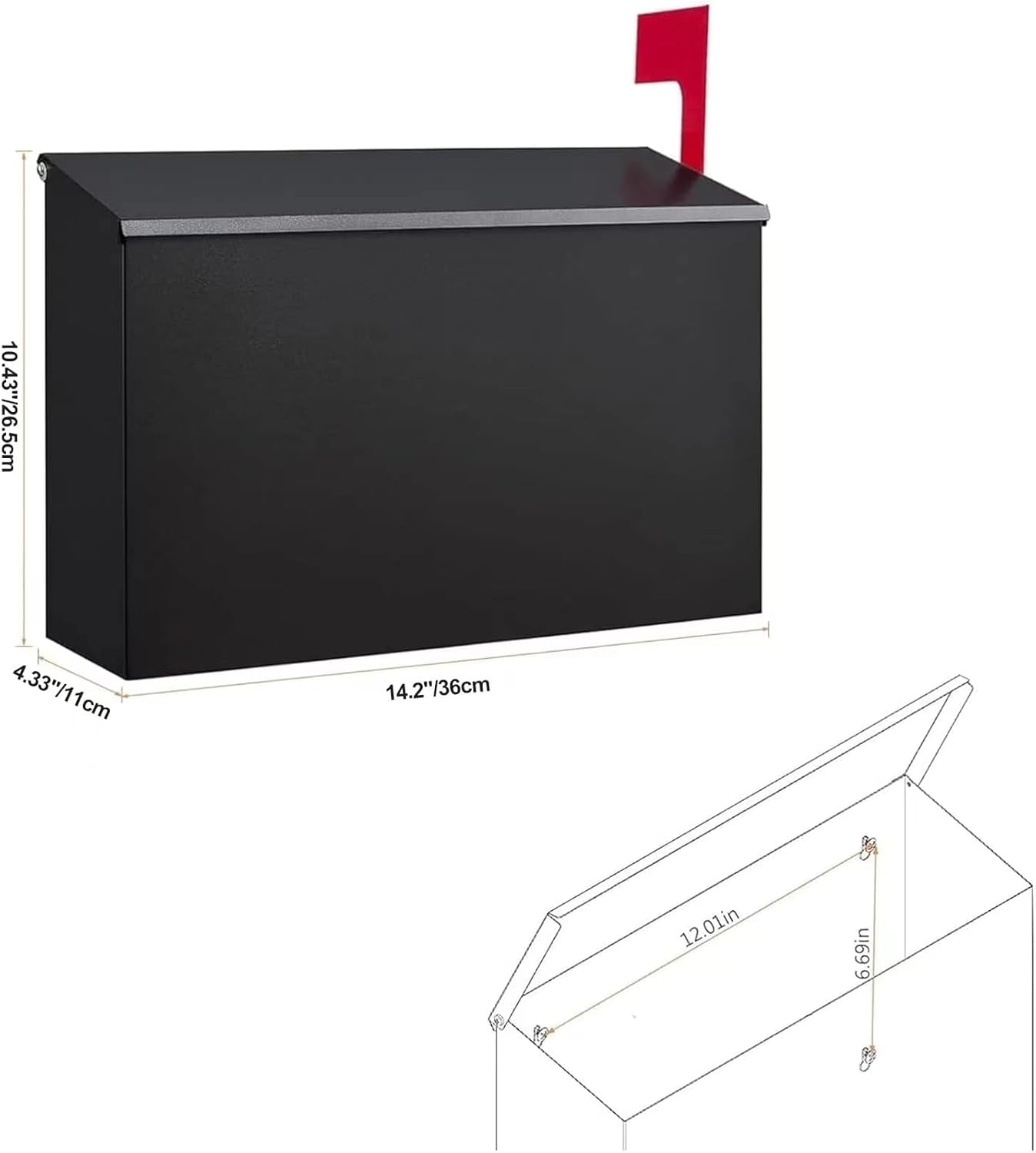 LAND·VOI Wall-Mount Mailbox with One Flag Kit and Three Sets of 0-9 Mailbox Number Stickers, Mailboxes for Outside, Galvanized Steel Rust-Proof Metal Post Box, 4.33" Dx14.2 Wx10.43 H, Black