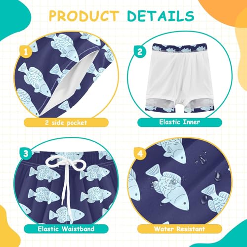 Navy Blue Fishes Boys Swim Trunks with Compression Liner Quick Dry Bathing Bottom Kids Beach Shorts4