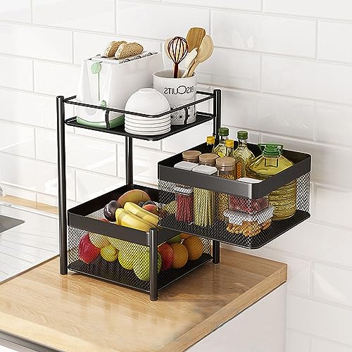 Image of TEX-RO Kitchen Trolley with Wheels | 2-Layer Metal Vegetable Basket Stand & Kitchen Storage Rack | Multipurpose Kitchen Organizer for Onion Potato Storage (Black)
