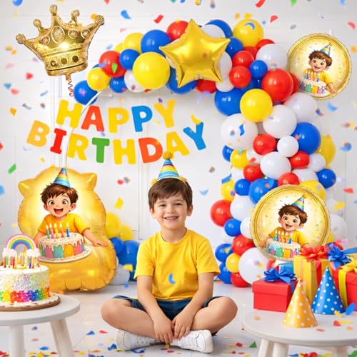 Image of Rozi Decoration Kids Birthday Decoration Kit with Happy Birthday Paper Banner, Crown Foil Balloon and Multicolor Latex Balloons - Pack of 57 Pieces for Home Party Decoration
