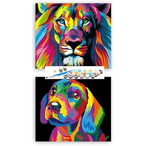 2 Pack Paint by Numbers for Adults - 16 x 20 Inches Oil Painting Kit Colour by Number - Gorgeous Non-Crease Dog and Lion Canvas Craft Kits for Kids - 3 Different Sized Paint Brushes Included Cover