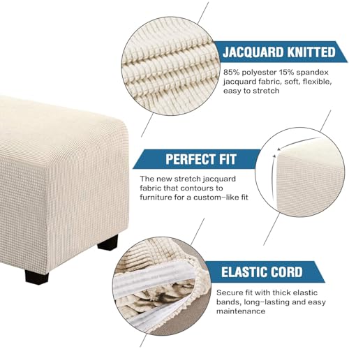 Image of H.VERSAILTEX Ottoman Cover Slipcover Rectangle Fit Length 29'-34' Footrest Sofa Slipcovers Stool Cover Footstool Protector Covers Feature Stretch Thick Jacquard Fabric Removable Washable - Natural