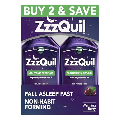 ZzzQuil, Sleep Aid, Nighttime Sleep Aid Liquid, 50 mg Diphenhydramine HCl, Fall Asleep Fast, Non-Habit Forming, Warming Berry Flavor, 12 FL OZ (Pack of 2)