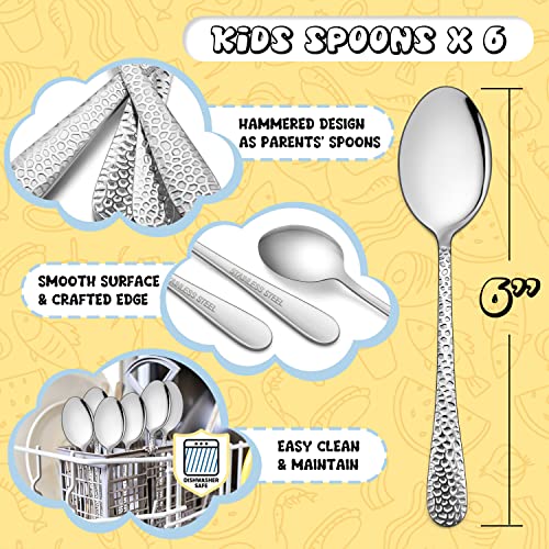Stainless Steel Kids Spoons, E-Far 6-Piece Toddlers Spoons Safe For Preschooler/Children, Hammered Adult Look & Small Size, Rust Free & Dishwasher Safe #TOP1
