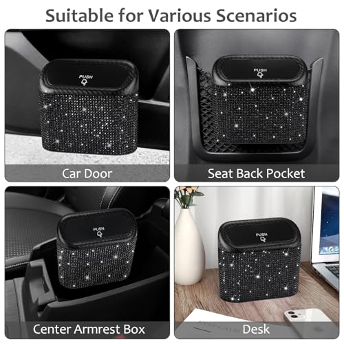Image of Accmor Bling Car Trash Can with Lid, Mini Vehicle Trash Bin, Car Dustbin Garbage Organizer with 60 Trash Bag, Leakproof Auto Storage Bag Container for Car, Home, Office (Carbon Fiber&Black Rhinestone)