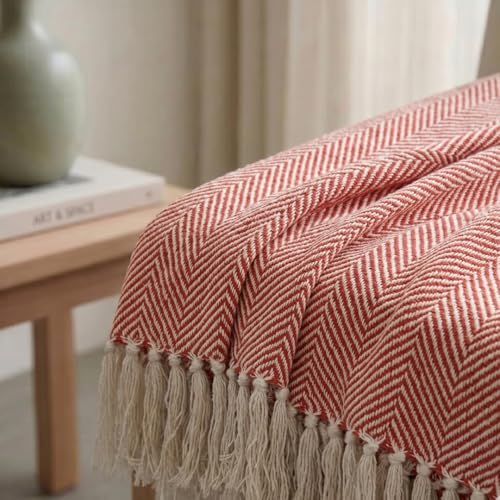 Image of SAJAVAT HOME Hand-Knitted Cotton Sofa Throw | Light Red Tassel Design for 3 & 5 Seater Sofa, Couch & Bed | Soft Lightweight All-Season Throw Blanket | 80x52 Inches