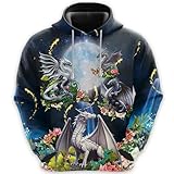 V-DECORPARKS Men's White Dragon Fleece Hooded Sweatshirt - 3D Mythical Printed Pullover Hoodie Men Women Set 12 Size S