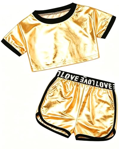 Image of Betusline Girls Summer 2 Piece Outfits,Kids Short Sleeve Crop Top & Shorts Set with Side Pockets
