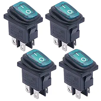 weideer 4pcs Waterproof Mini Rocker Switch On/Off 12V LED Green 4 Pin 2 Position DPST AC 6A 250V 10A 125V Boat Switch KCD1-4-201NW-G