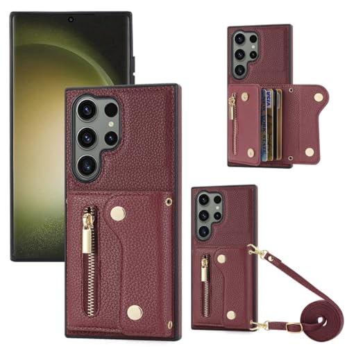 Tarjetas Cruzadas Solt Funda de Cuero Tipo Billetera para Samsung Galaxy S24 Ultra S23 S21 FE S22 Plus A14 A24 A34 A54 A05 A15 A25 A12 Funda, Rojo Oscuro, para Galaxy S23