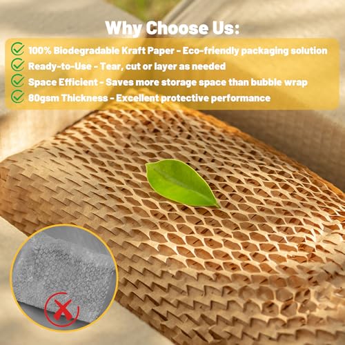 Wabenpapier Rolle 25cmx20m Verpackungsmaterial, 80g/m² Seidenpapier Papierrolle, Verpackungsrolle für Versand und Umzüge Zerbrechliche, GegenständeLuftpolsterfolie Alternative