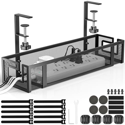 Image of Under Desk Cable Management Tray, GZOKMOG 15.75" No Drill Cable Management Under Desk, Heavy Duty Metal Cord Organizer, Home Office Wire Management for Standing/Gaming Desk, 1 Pack Black